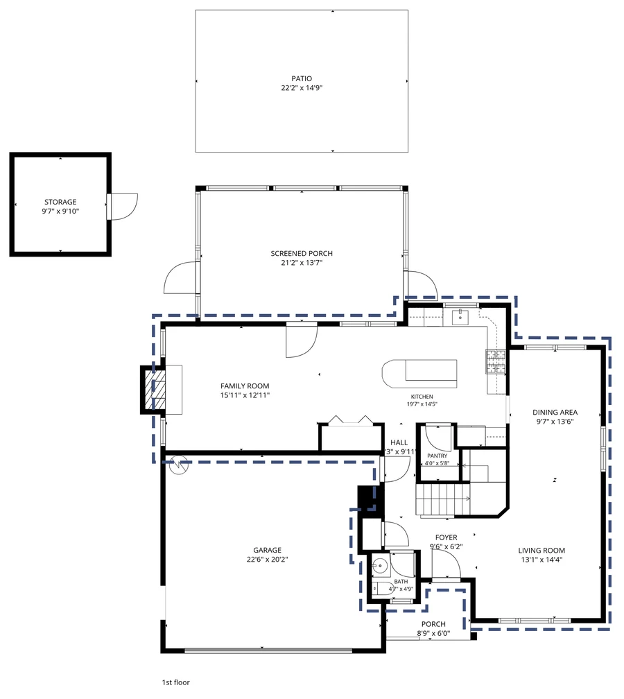 Main level floor plan of 12600 Parks Farm Lane with room labels and measurements.